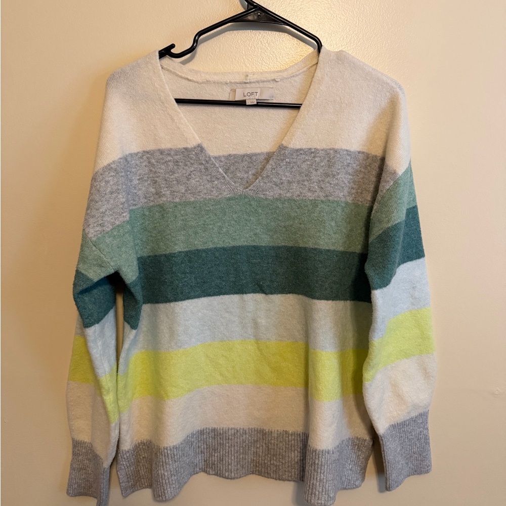 LOFT V-Neck Striped Sweater - Green, Gray, Cream
